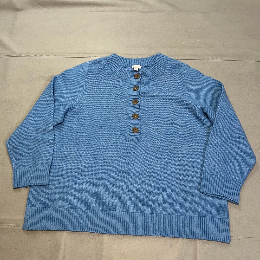 J Jill Women Sweater Sky Blue‎ Henley Button Neck Knit XL Preppy Old Money-4571